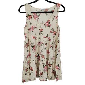 AEO Babydoll Mini Dress Sz M Vanilla Pink Floral Tiered Crinkle Gauze Boho